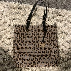Michael Kors black and beige signature logo canvas tote bag leather straps